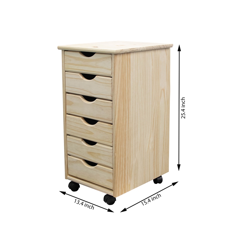 Pemberly Row Modern Solid Wood 6-Drawers Roll Utility Cart in Unfinished
