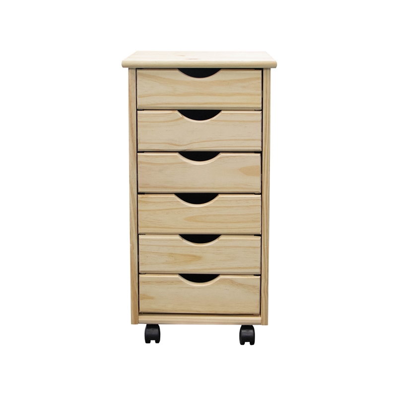 Pemberly Row Modern Solid Wood 6-Drawers Roll Utility Cart in Unfinished