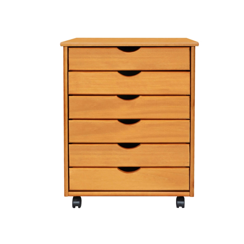 Pemberly Row Modern Solid Wood 6-Drawers Wide Roll Utility Cart in Med Pine