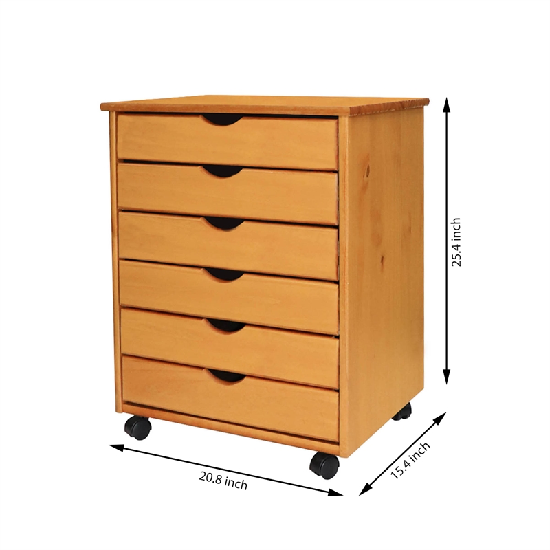 Pemberly Row Modern Solid Wood 6-Drawers Wide Roll Utility Cart in Med Pine