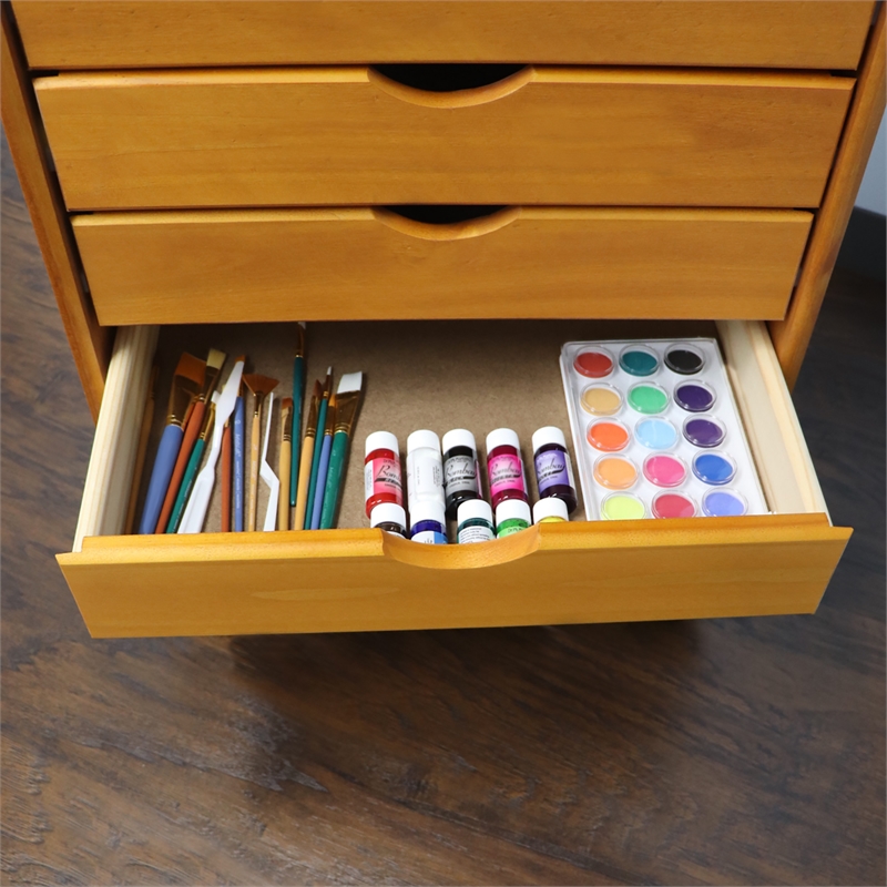 Pemberly Row Modern Solid Wood 6-Drawers Wide Roll Utility Cart in Med Pine