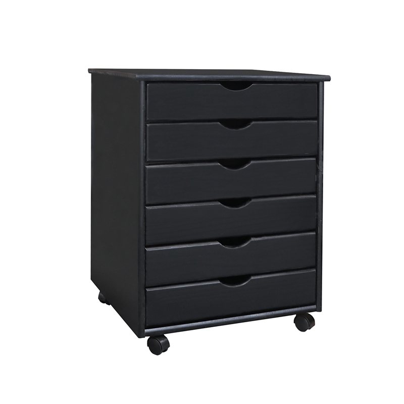 Pemberly Row Modern Solid Wood 6-Drawers Wide Roll Utility Cart in Black