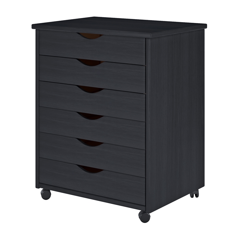 Pemberly Row Modern Solid Wood 6-Drawers Wide Roll Utility Cart in Black