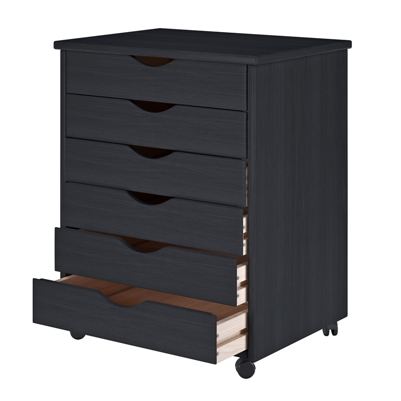 Pemberly Row Modern Solid Wood 6-Drawers Wide Roll Utility Cart in Black