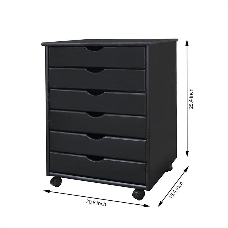 Pemberly Row Modern Solid Wood 6-Drawers Wide Roll Utility Cart in Black