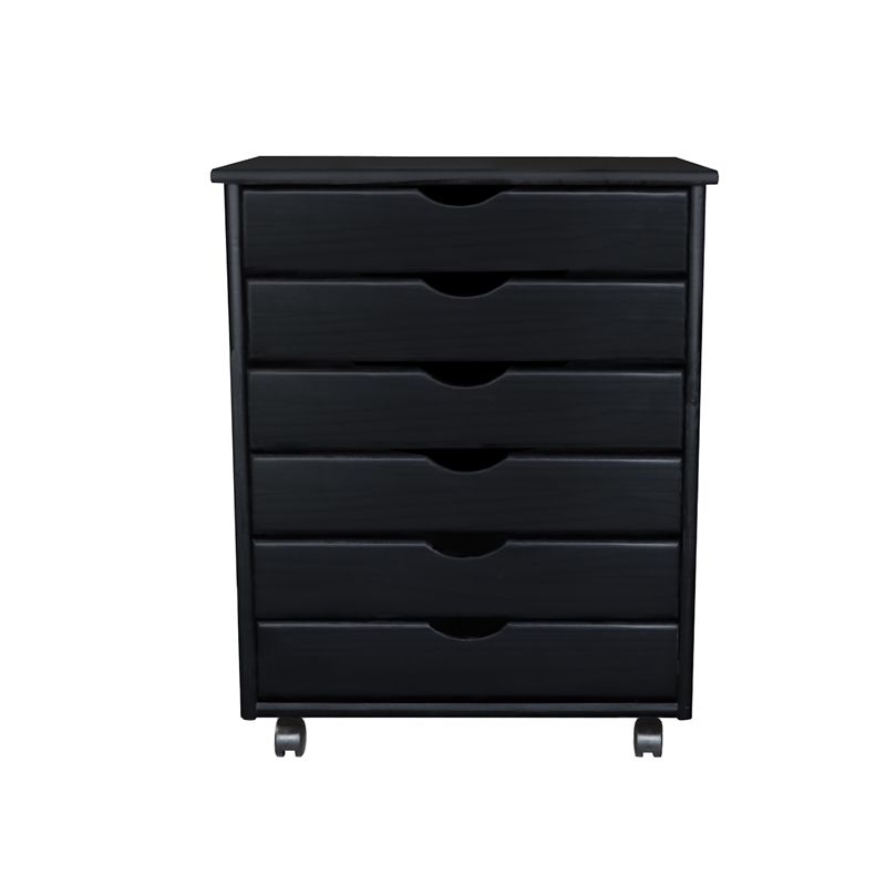 Pemberly Row Modern Solid Wood 6-Drawers Wide Roll Utility Cart in Black
