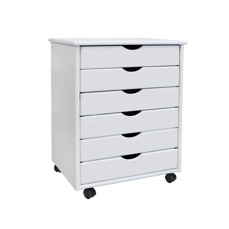 Pemberly Row Modern Solid Wood 6-Drawers Wide Roll Utility Cart in White