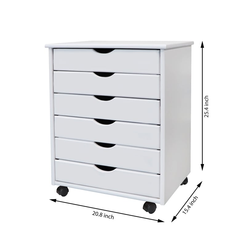 Pemberly Row Modern Solid Wood 6-Drawers Wide Roll Utility Cart in White