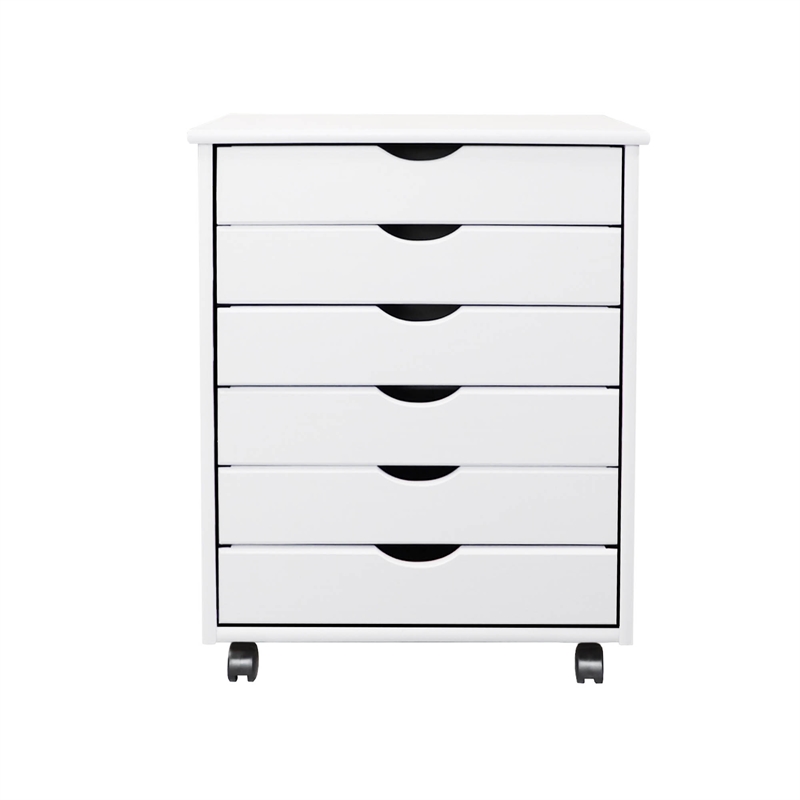 Pemberly Row Modern Solid Wood 6-Drawers Wide Roll Utility Cart in White