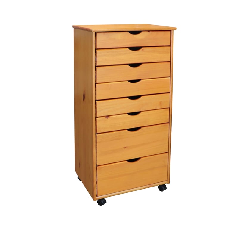 Pemberly Row Modern Hardwood 6+2 Drawers Wide Roll Utility Cart in Med Pine