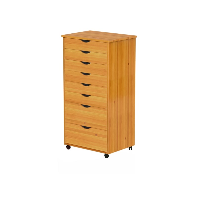 Pemberly Row Modern Hardwood 6+2 Drawers Wide Roll Utility Cart in Med Pine