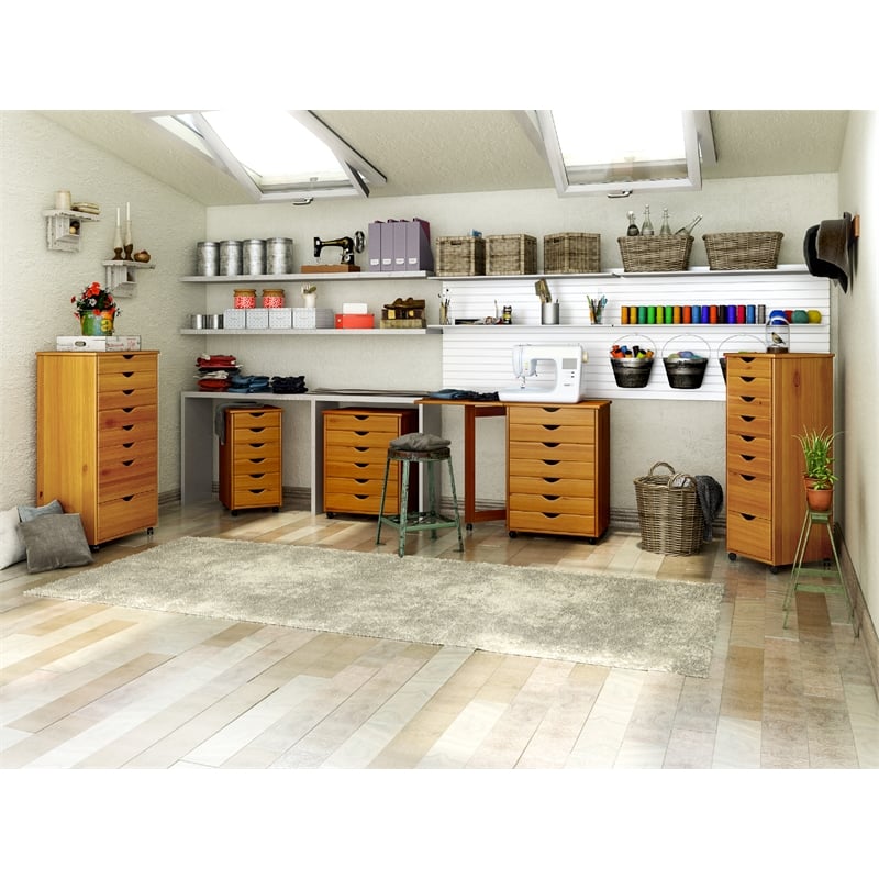 Pemberly Row Modern Hardwood 6+2 Drawers Wide Roll Utility Cart in Med Pine