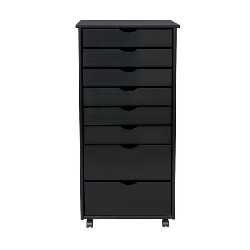 Pemberly Row Modern Solid Wood 6+2 Drawers Wide Roll Utility Cart in Black