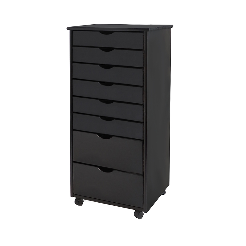 Pemberly Row Modern Solid Wood 6+2 Drawers Wide Roll Utility Cart in Black