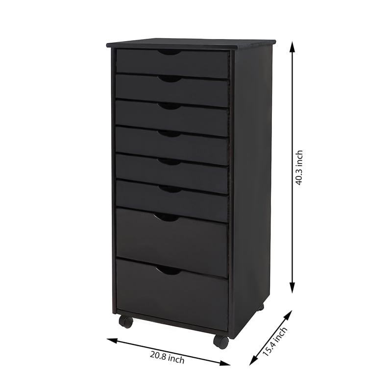 Pemberly Row Modern Solid Wood 6+2 Drawers Wide Roll Utility Cart in Black
