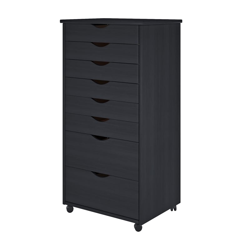 Pemberly Row Modern Solid Wood 6+2 Drawers Wide Roll Utility Cart in Black