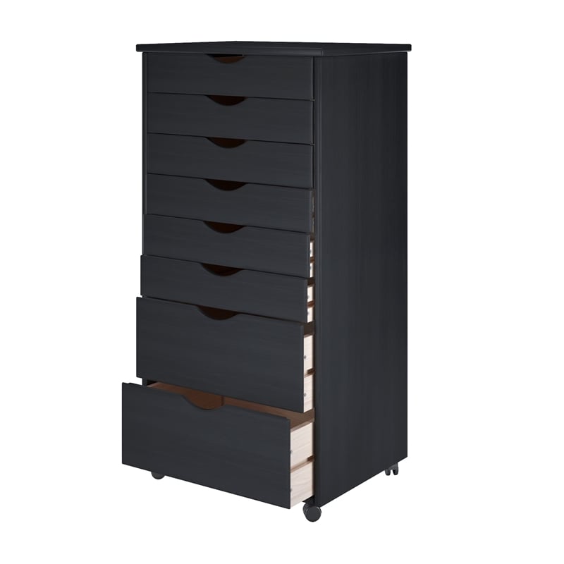 Pemberly Row Modern Solid Wood 6+2 Drawers Wide Roll Utility Cart in Black