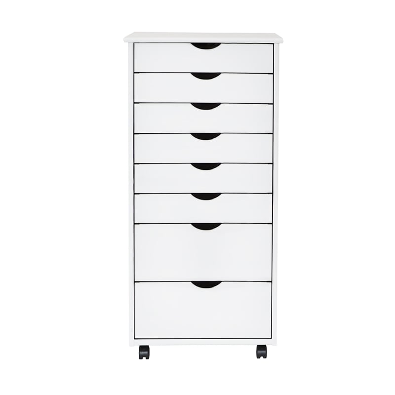 Pemberly Row Modern Hardwood 6+2 Drawers Wide Roll Utility Cart in White