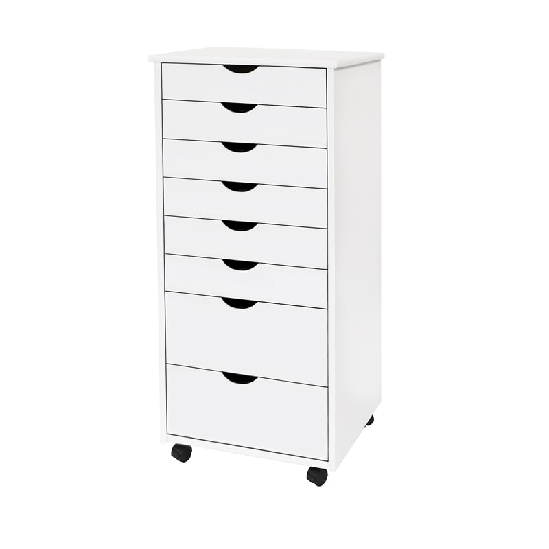 Pemberly Row Modern Hardwood 6+2 Drawers Wide Roll Utility Cart in White