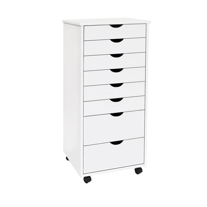 Pemberly Row Modern Hardwood 6+2 Drawers Wide Roll Utility Cart in White