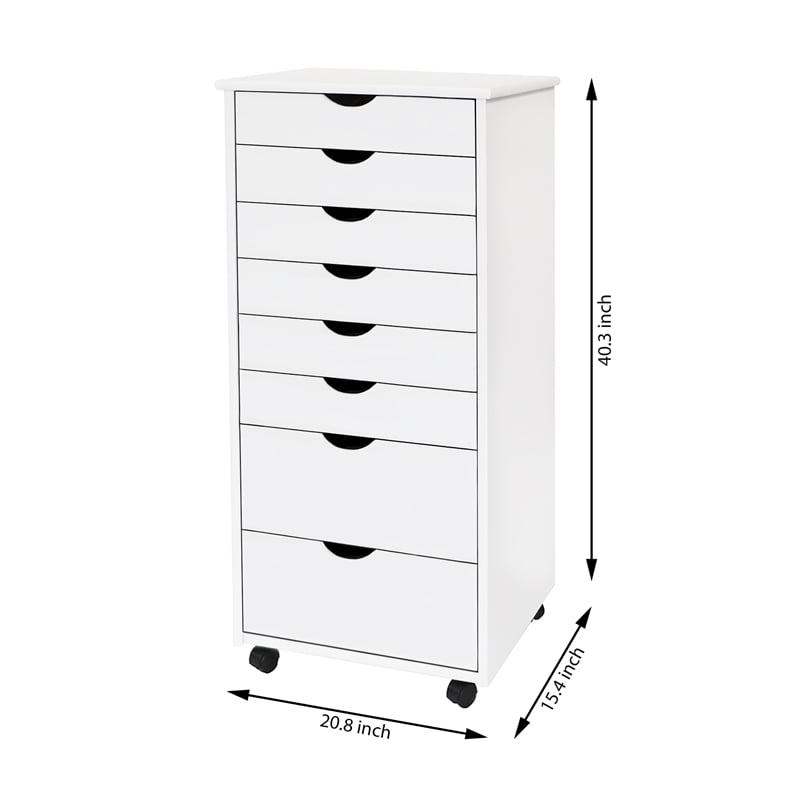 Pemberly Row Modern Hardwood 6+2 Drawers Wide Roll Utility Cart in White