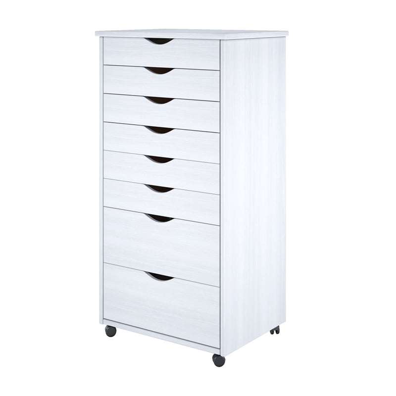 Pemberly Row Modern Hardwood 6+2 Drawers Wide Roll Utility Cart in White