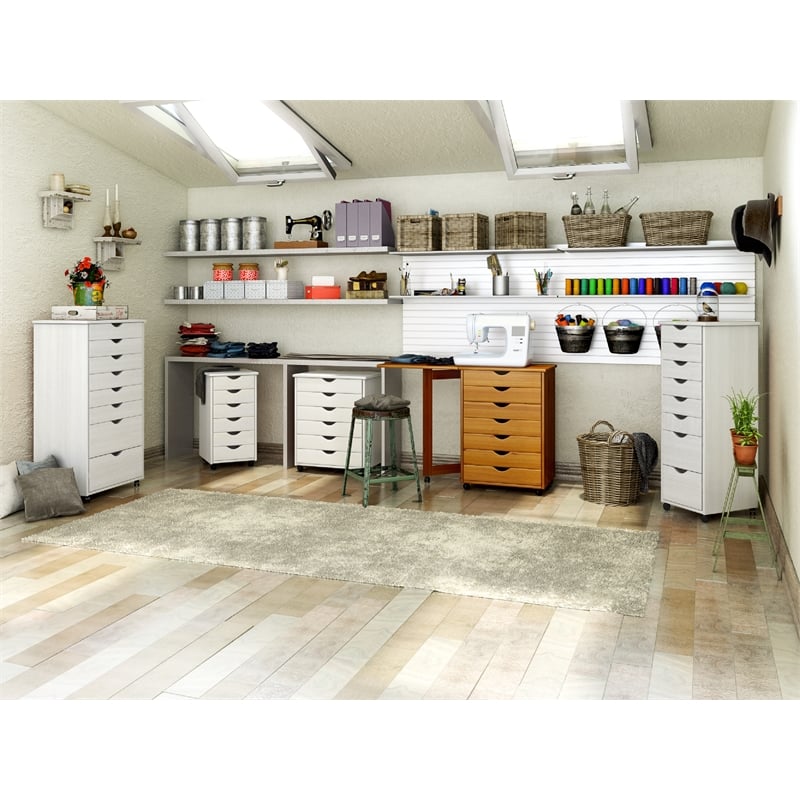 Pemberly Row Modern Hardwood 6+2 Drawers Wide Roll Utility Cart in White