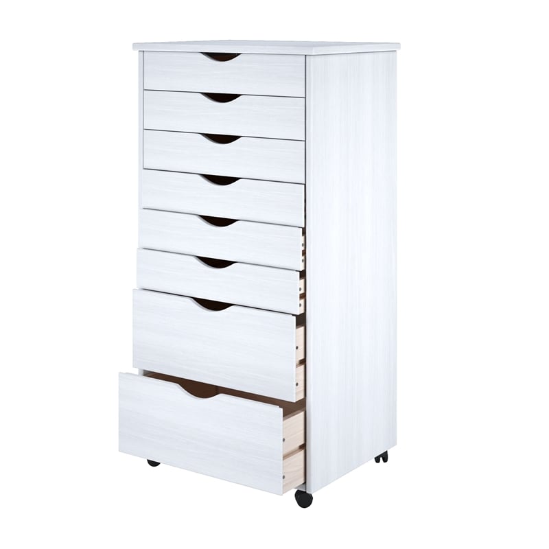 Pemberly Row Modern Hardwood 6+2 Drawers Wide Roll Utility Cart in White