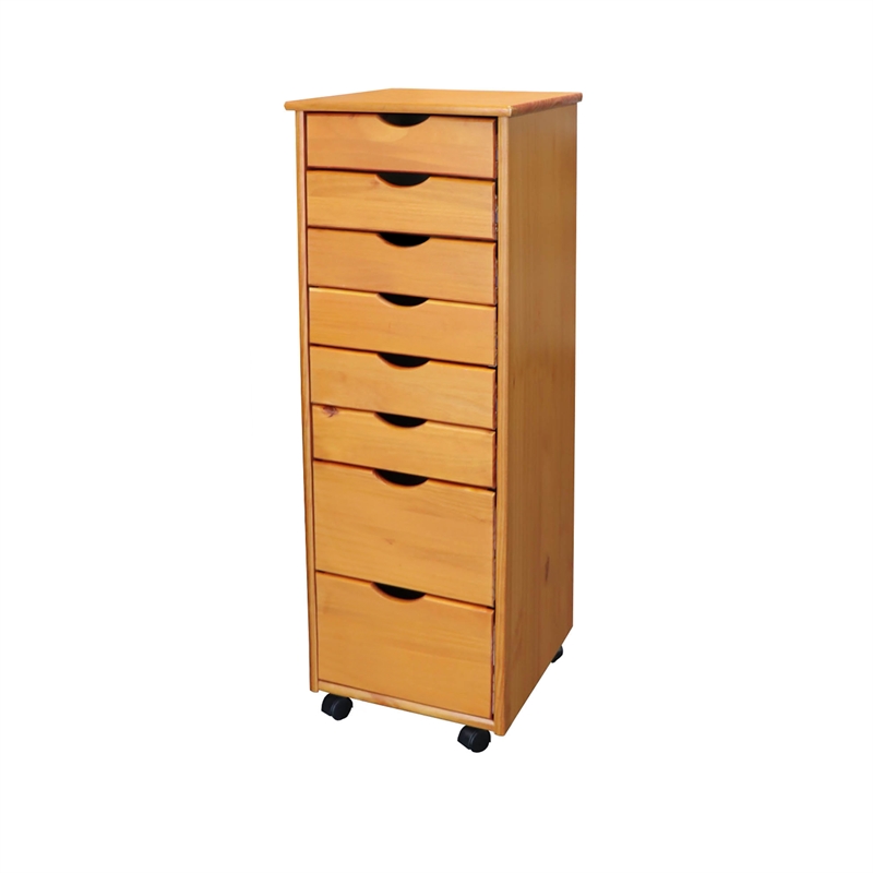 Pemberly Row Modern Hardwood 6+2 Drawers Roll Utility Cart in Med Pine