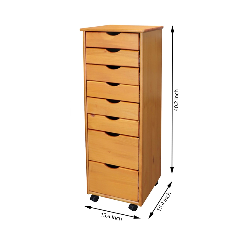 Pemberly Row Modern Hardwood 6+2 Drawers Roll Utility Cart in Med Pine