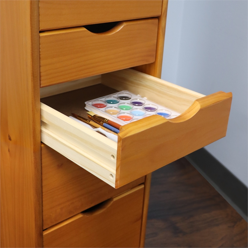 Pemberly Row Modern Hardwood 6+2 Drawers Roll Utility Cart in Med Pine