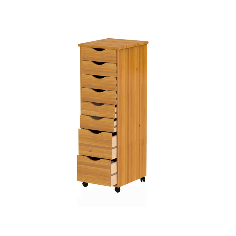 Pemberly Row Modern Hardwood 6+2 Drawers Roll Utility Cart in Med Pine