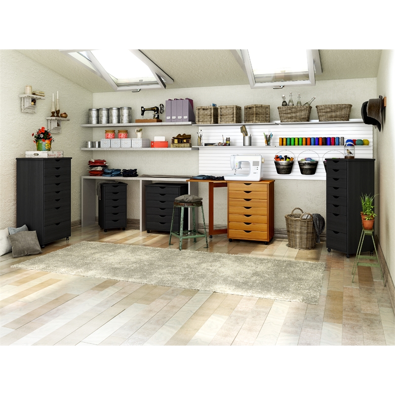 Pemberly Row Modern Hardwood 6+2 Drawers Roll Utility Cart in Black