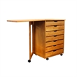 Pemberly Row Solid Wood 7-Drawers Gate Leg Roll Utility Cart Desk in Medium Wood