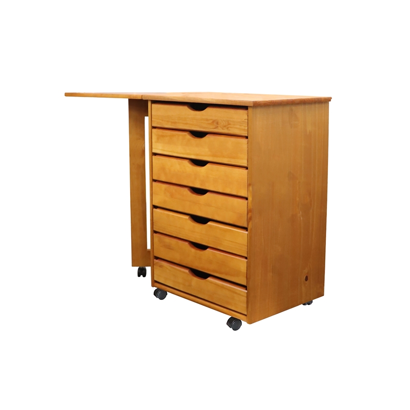 Pemberly Row Solid Wood 7-Drawers Gate Leg Roll Utility Cart Desk in Medium Wood