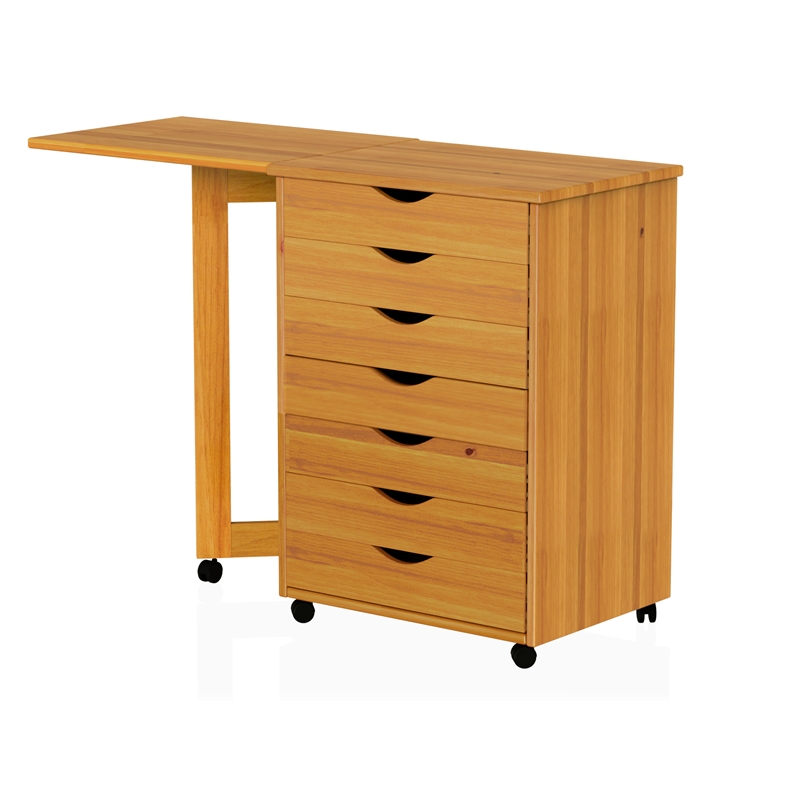 Pemberly Row Solid Wood 7-Drawers Gate Leg Roll Utility Cart Desk in Medium Wood