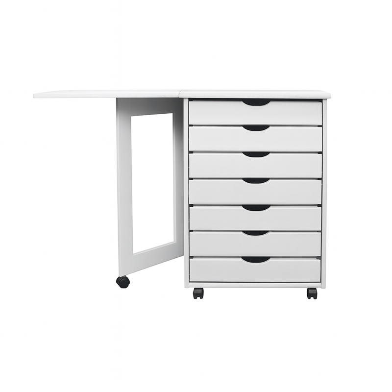 Pemberly Row Solid Wood 7-Drawers Gate Leg Roll Utility Cart Desk in White