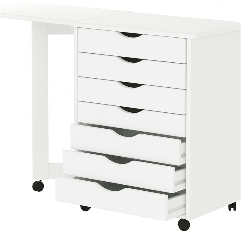 Pemberly Row Solid Wood 7-Drawers Gate Leg Roll Utility Cart Desk in White