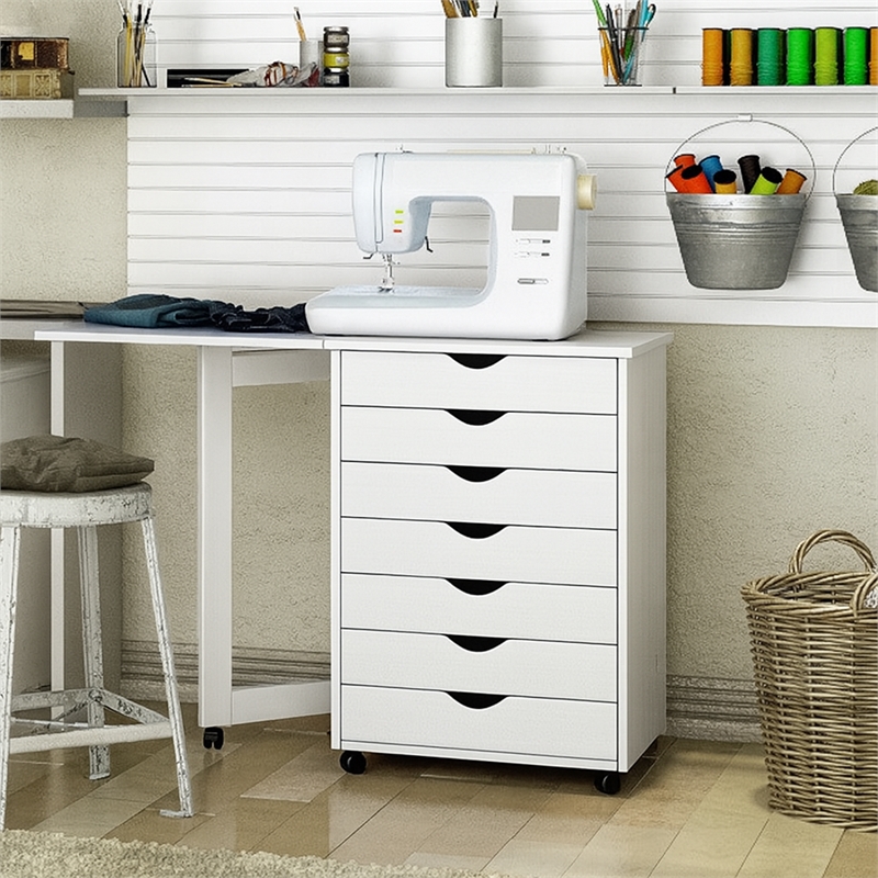 Pemberly Row Solid Wood 7-Drawers Gate Leg Roll Utility Cart Desk in White