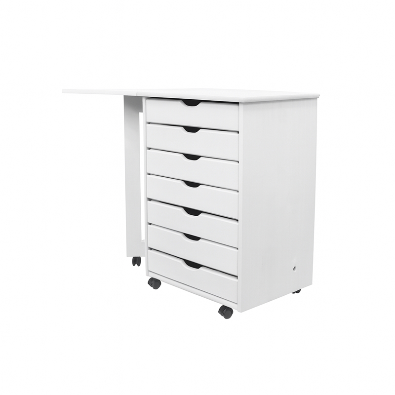 Pemberly Row Solid Wood 7-Drawers Gate Leg Roll Utility Cart Desk in White