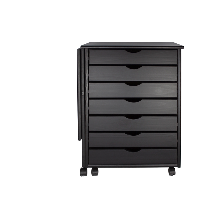 Pemberly Row Solid Wood 7-Drawers Gate Leg Roll Utility Cart Desk in Black