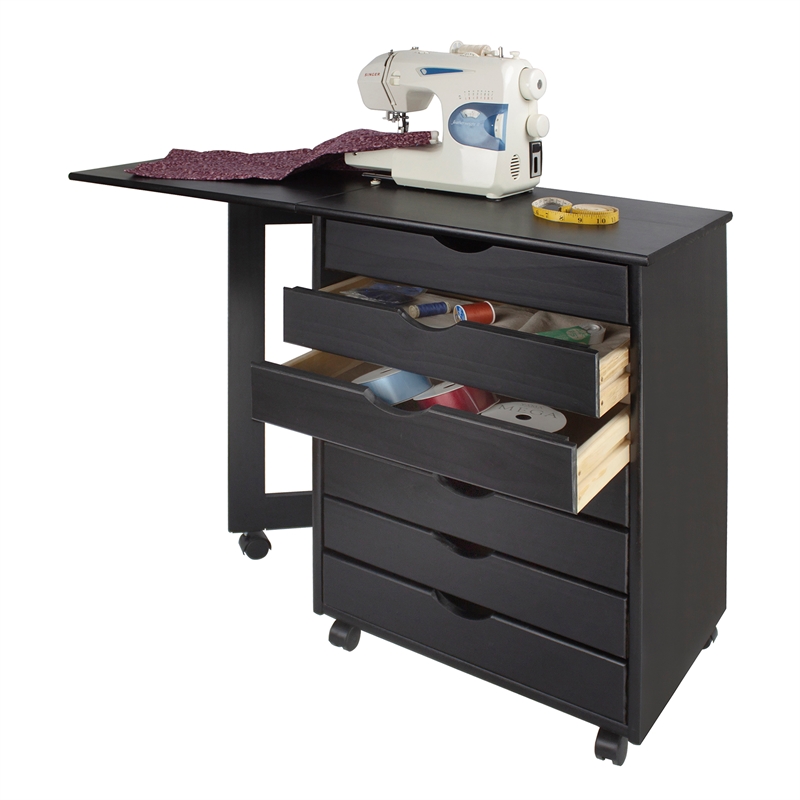 Pemberly Row Solid Wood 7-Drawers Gate Leg Roll Utility Cart Desk in Black