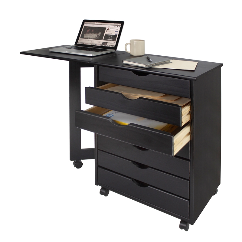 Pemberly Row Solid Wood 7-Drawers Gate Leg Roll Utility Cart Desk in Black