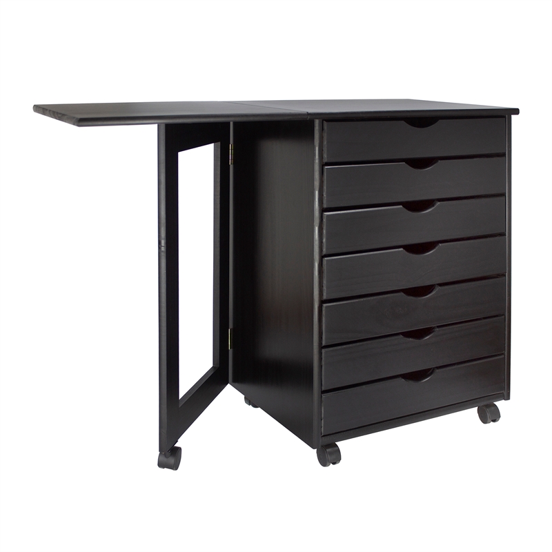 Pemberly Row Solid Wood 7-Drawers Gate Leg Roll Utility Cart Desk in Black