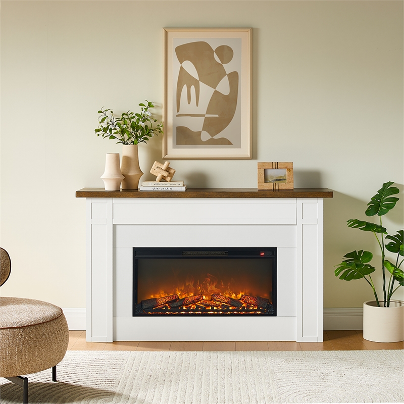 Pemberly Row Solid Wood and Glass Landscape Electric Fireplace in White & Brown