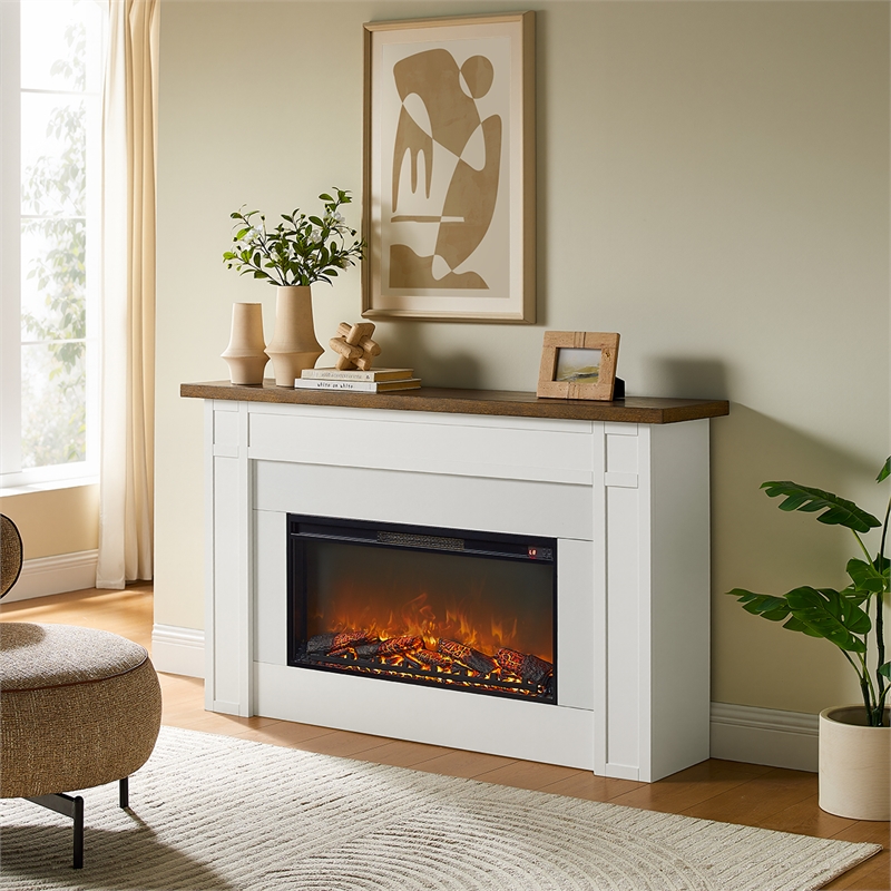 Pemberly Row Solid Wood and Glass Landscape Electric Fireplace in White & Brown