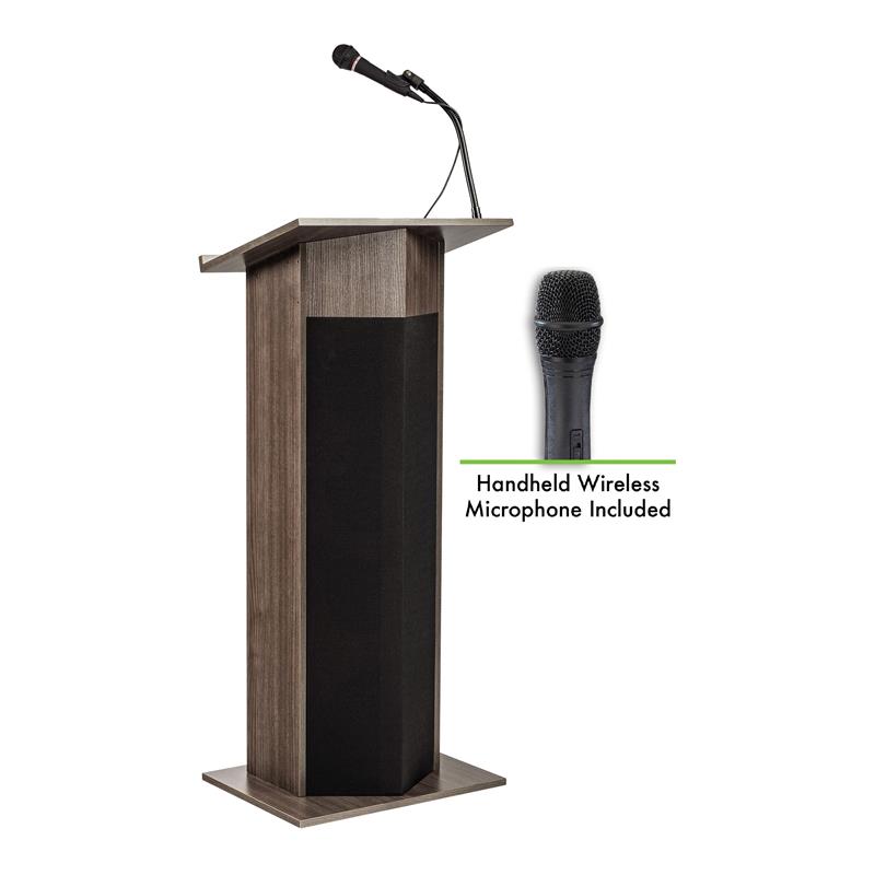 Pemberly Row Wood Power Plus Lectern with Wireless Handheld Mic in Brown
