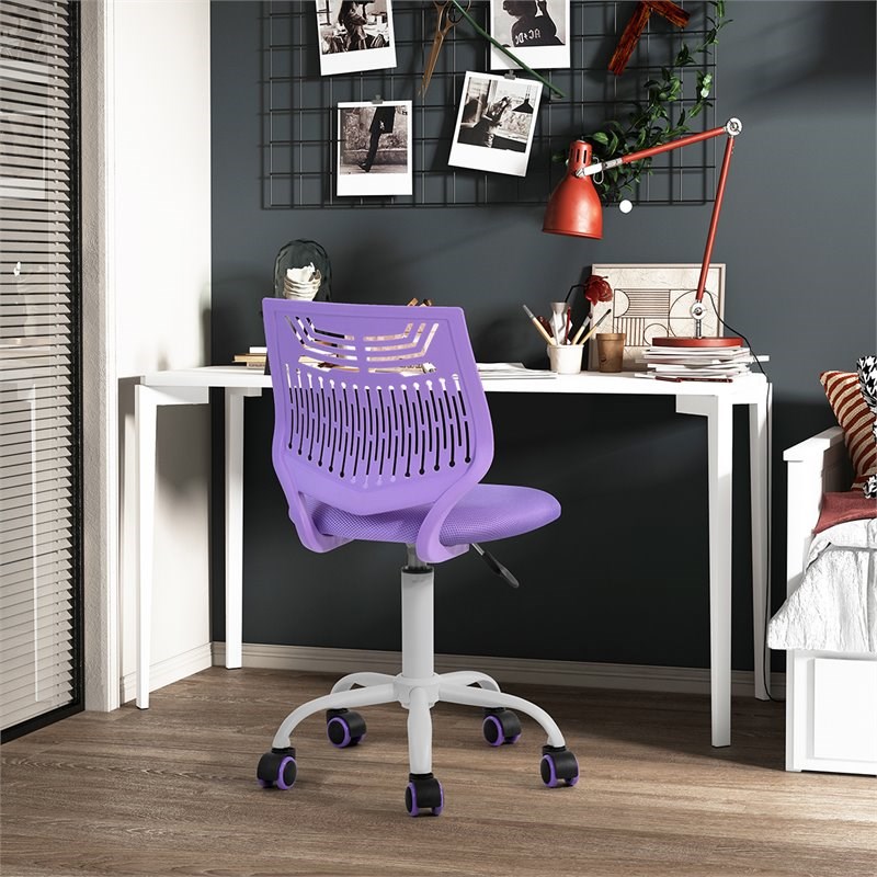 Pemberly Row Swivel Teen Armless Mesh and Plastic Task Chair in Purple