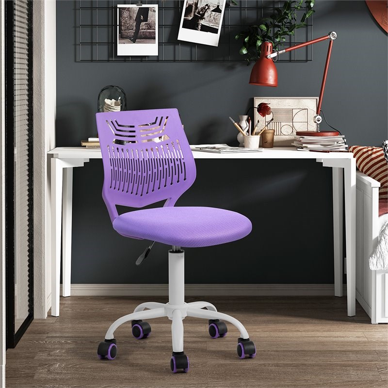 Pemberly Row Swivel Teen Armless Mesh and Plastic Task Chair in Purple