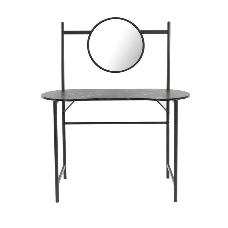 Pemberly Row Kidney-shaped Wood Writing Desk with Mirror in Marble Black